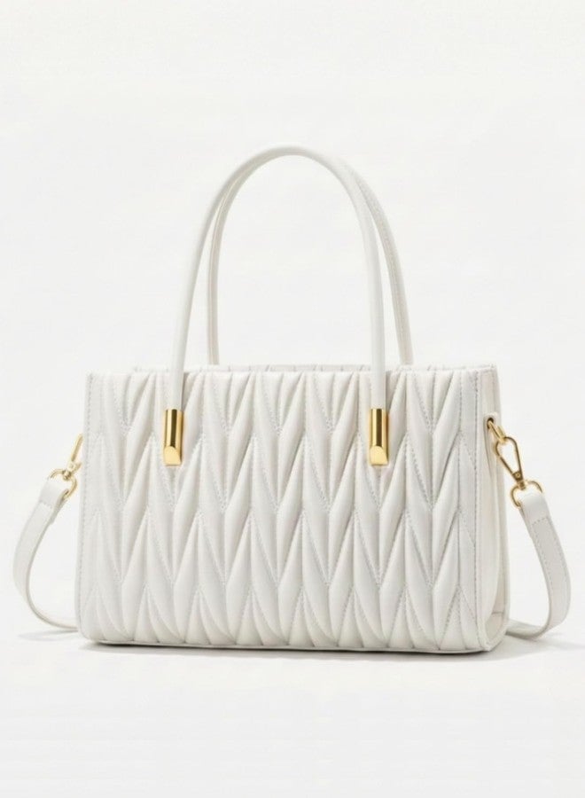 LIKE STYLE Women’s Chevron Quilted PU Rexine Sling Bag | Premium Dual Compartment Handbag with Detachable Strap & Top Handles (White) - Image 2